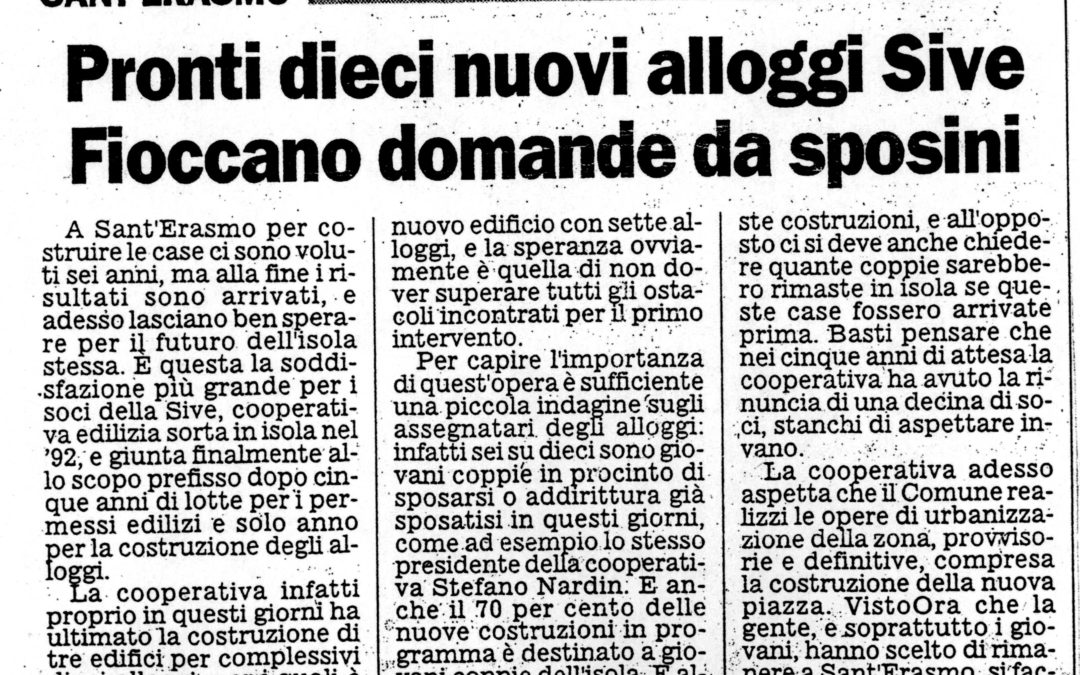 Pronti dieci nuovi alloggi Sive. Fioccano domande da sposini