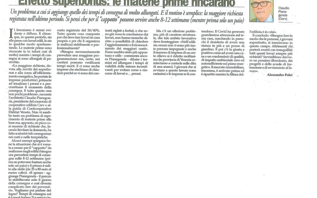 Da Gente Veneta del 9 luglio 2021 – Effetto superbonus: le materie prime rincarano
