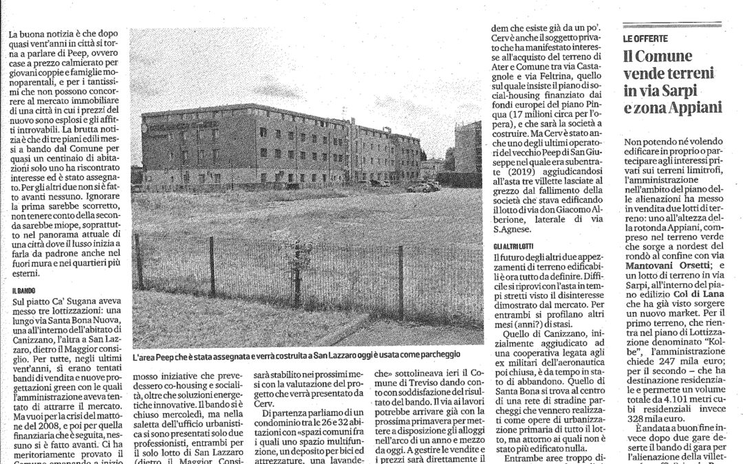 Da La Tribuna di Treviso, sabato 17 dicembre 2022 – S. Lazzaro, nuove case a prezzi calmierati ma due lotti Peep su tre restano invenduti