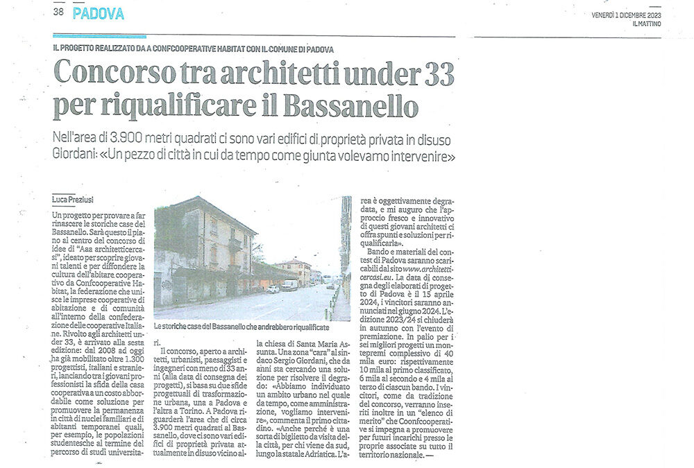 Da Il Mattino di Padova, sabato 1 dicembre 2023 – Concorso tra architetti under 33 per riqualificare il Bassanello