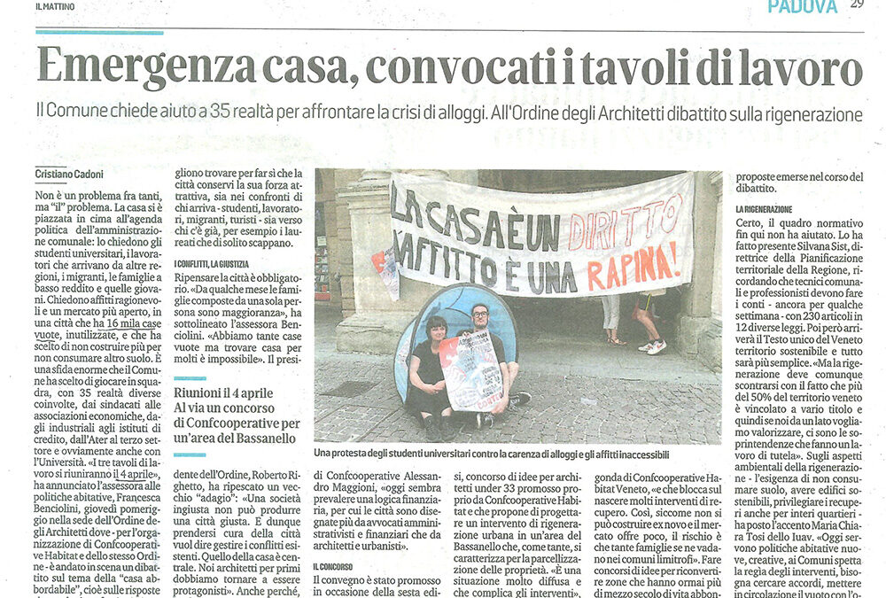 Da Il Mattino di Padova, sabato 16 marzo 2024 – Emergenza casa, convocati i tavoli di lavoro